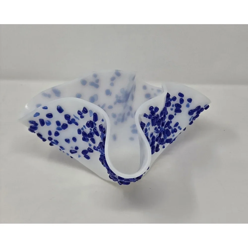 Blue White Confetti Art Glass Handkerchief Bowl Vase Ruffled Hand Blown 9